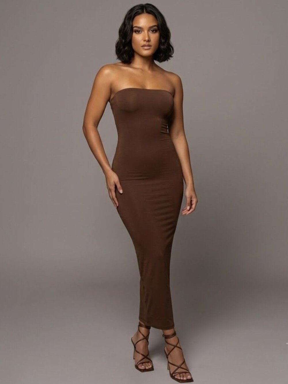 Naked Wardrobe L Strapless Brown Midi Dress Bodycon Stretch Fabric Sexy